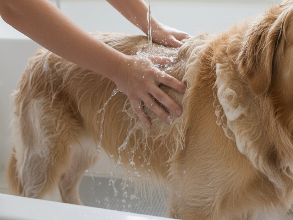 Rinse your dog's coat thoroughly: Remove any remaining shampoo with your fingers to prevent itching and contact dermatitis.
