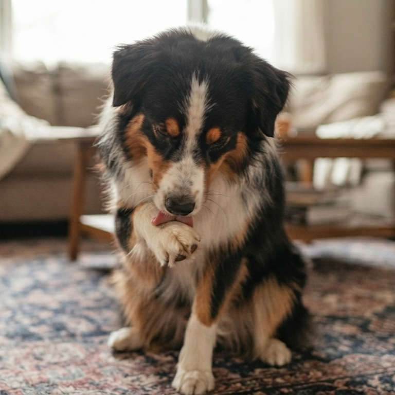 Dog-licks-his-paw